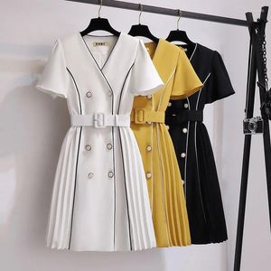 Casual Dresses High-end V-neck Suit Dress Female Plus Size Summer Korean Version With Belt Fashion Design Double-breasted Pleated