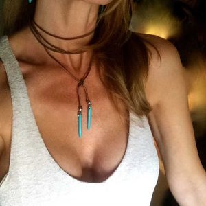 Leather Turquoise Necklace Jewelry Bohemian Choker Handmade Wrap Tie