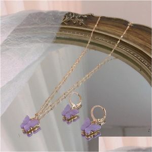 Örhängen halsband fjäril hänge halsband och set för kvinnor flickor mode rosa guld elegant choker söt smycken gåva 1041 Q2 dhze5