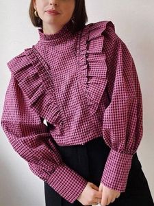 Kvinnors blusar Kvinnor Plaid Blus Ruffles Trim Elegant 2022 Spring Summer Ladies Stand Collar Long-Sleeve Shirt and Tops With Zipper