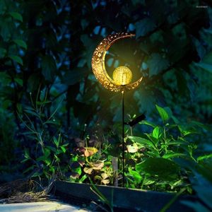 Solar Light Metallic Gold Hollow Moon Sun Fire Outdoor Garden Lawn Stakes Lamps Art Courtyard Decoration Warm White