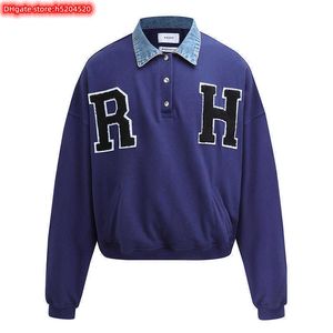 Dkak Erkekler Hoodie Crewneck Sweatshirt 2023 Yeni Moda Markası Rhude İşlemeli Kovboy Yakası dikişli Amerikan Küçük Kalabalık Tide High Street Klein Blue