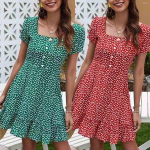 Casual Dresses Women's Daisy Floral Print sundress fyrkantig krage knäppt kort ärm i midjan Ruffled Daily Wear Summer Beach Dress