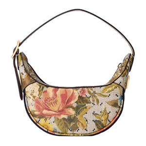 Half Moon Armpit Bag Handbags Vintage Shoulder Bags Letter Flower Printing Cross Body Purse Hardware Parts Zipper Closure Adjustable Strap Cell Phone Pocket Wallet