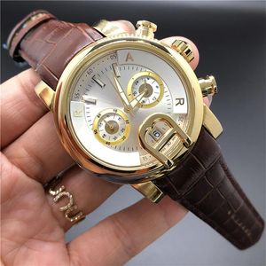 Men's automatic high quality watches black leather strap gold stainless steel dial quartz fashion watch 5ATM waterproof suita313U
