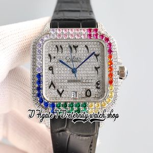 TWF tw0013 M8215 Orologio da uomo automatico 40MM Arcobaleno Iced Out Lunetta con diamanti grandi Quadrante con diamanti arabi Marcatori arabi neri Cinturino in pelle Super Edition Orologi per l'eternità