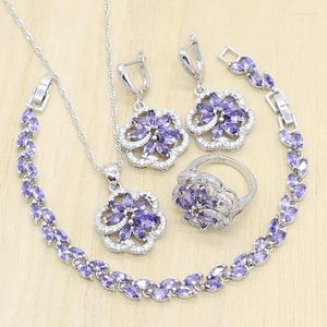 Halskette Ohrringe Set lila Zirkonia 925 Silber Brautringe Anh￤nger Armb￤nder f￼r Frauen Geburtstag Hochzeitsgeschenk