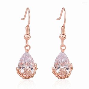 Kolczyki Dangle Rose Gold Ton Elegancki rzeźb z cyrkonem Diamenty szlachetne Kupki dla kobiet mody brincos biżuteria bijoux impreza