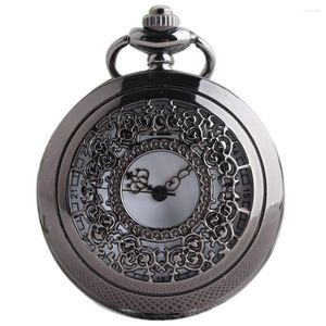 Pocket Watches 3 Different Dials Large Black Flowers Hollow Men Women Quartz Watch Necklace Chain Gift Regarder P233B