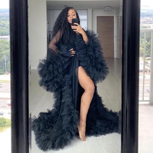 Abiti da festa Chic See Thru Tulle Ruffles Kimono lungo nero A strati Increspato A-line Abiti da ballo Maniche gonfi Mantello africano