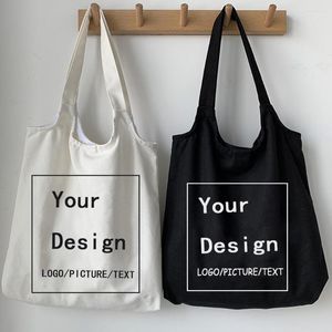 Shopping Bags Custom Tote Bag Add Your Text Print Original Design White And Black Unisex Travel Canvas Eco Foldable Shopper