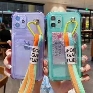 Neon Fluorescent Color Strap Cord Chain Phone Case For iPhone 13 14 12 11 Pro Max XR X XS Max 7 8 Plus Shockproof Card Bag Cover