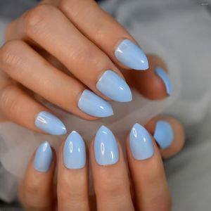 False Nails 24 Pcs Light Blue Press On Short Natural Daily Date Sky Almond Sweet Simple Cute Party Costum Soft Faux Ongles