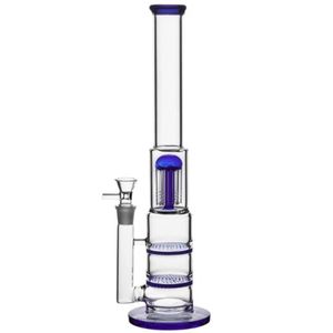 Blue Glass Bong Hookahs Water Pipe Double Honeycomb 17" Tall Dab Rig with Bowl Dabber Bubbler