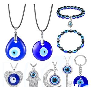 Pendant Necklaces Evil Eye Necklace For Women Keyring Turkish Blue Bead Bracelet Handmade Glasses Charms Bracelets Greek Mati Hamsa Dhv4H