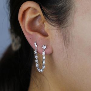 Orecchini a bottone arrivati doppio 2 piercing micro pavimenta chiaro cz catena nappa romantica moda ragazza donna bullone flash stella orecchino di fascino