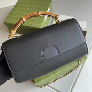 Real Leather Luxury Designer Gold Hardware Women Bag Handbags Bamboo Handle Heavy Chain Shoulder Bags Diana Rectangle Shape Flap F220J