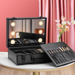 Kosmetiktaschen Professionelle Make-up-Koffer Große Kapazität LED mit Spiegel Aufbewahrungstasche Tragbare Reise abnehmbar für Frauen