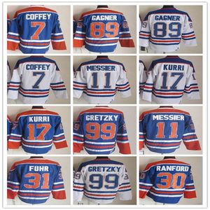 Edmonton Vintage Hockey Jerseys 99 Wayne Gretzky 11 Mark Messier 30 Bill Ranford 7 Paul Coffey 89 Sam Gagner 17 Jari Kurri 31 Grant Fuhr gestikte CCM Retro -uniformen Blue
