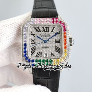 TWF tw0039 M8215 Automatik-Herrenuhr, 40 mm, Rainbow Iced Out, große Diamantlünette, gepflastertes Diamanten-Zifferblatt, schwarze römische Markierungen, Lederarmband, Super Edition-Ewigkeitsuhren