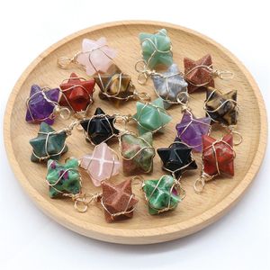 Wholesale Natural Crystal Stone Pendants Hexagram Gold Wire Pendant Hand-woven Gemstone Necklace Pendant