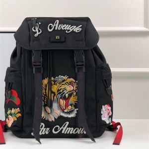 Backpack Women Black Embroidery Classic Tiger Flowers Pattern Ladies Purses Canvas Real Leather High Quality Shoulder Bags261H