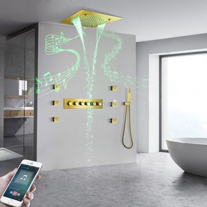 LED 음악 샤워 세트 브러시드 골드 온도 조절 강우 샤워 시스템 바디 제트기