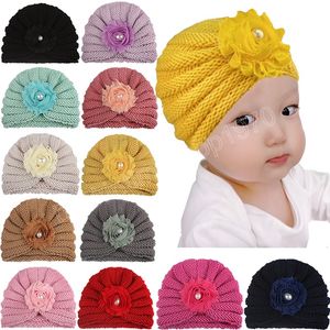 Solid Color Striped Knitted Wool Infant Hats Fashion Handmade Chiffon Flower Caps with Bead Children Outdoor Warm Bonnet