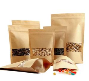 100 pcs/lot Kraft Paper Bag Zipper Stand up Food Bags Reusable Sealing Pouches with Transparent Window Bags