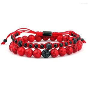 Strand 2022 Fashion 2pc Set Red Stone P￤rlor Macrame Armband Kvinnor M￤n smycken g￥va