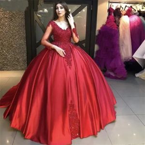 Abiti Quinceanera rossi Sheer manica lunga Appliques Perline Ball Gown Evening Prom Dress Formal Plus Size 15 De Vestidos