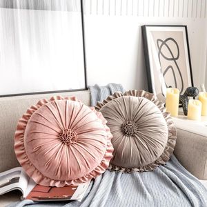 Pillow Velvet Round Back Ruffled Edge Flowers Pumpkin Shape Nordic Home Sofa Decor Waist Dakimakura 46