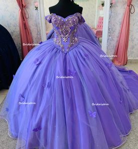 Cinderella Lila Quinceanera Kleider 2023 Schmetterling Perlen Kristall Süßes 15 Jahre altes Kleid Schulterfrei Ballkleid Abendkleid XV Vestidos De 15 Anos Robe Bal Medieval