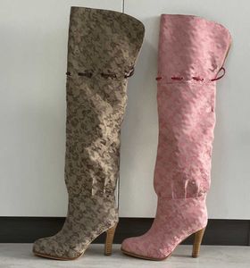 2021 Damen kniehohe Stiefel Designer Original Schuhe High Heel Beige Rosa Bedrucktes Canvas über dem Knie Stiefel Reißverschluss Schnürsenkel Freizeitschuh Größe 35-42 NO317