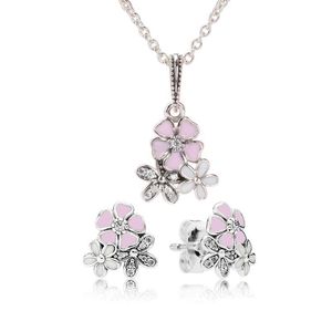 Earrings Necklace Authentic 925 Sterling Sier Pink Enamel Flower Pendant Earring Set With Box For Pandora Jewelry Womens Drop Deli Dhrzi