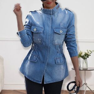 Women's Jackets Women Plain Casual Long Sleeve Lapel Single-Breasted Denim Coats Blouse Ladie