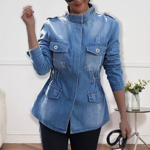 Jaquetas femininas Mulheres Plain Casual Manga Longa Lapela Single-Breasted Denim Casacos Blusa Ladie