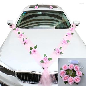 Flores decorativas Carro de casamento Decoração frontal Flor de rosa artificial com otário de 160 cm de gaze para maçaneta de porta Ribbons Nariz Capuz