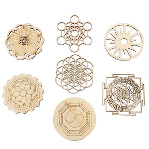 Wooden Coasters Mats Natural Symbol Wood Chakra Flower Round Edge Circles Carved Coaster Home Coffee Table Decoration