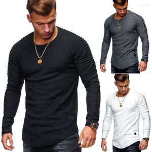 Men's Polos Factory Direct Sales 2022 Europe And America Striped Pleated Slim Solid Color Long-sleeved T-shirt