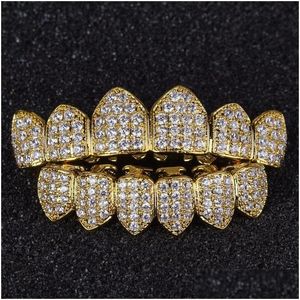 Grillz dentystyczne grille luksusowy design diamentowy zęby Grillz złote kły wampira cZ dla mężczyzn Kobiety górne dno z listwą 107 U2 Drop Dhpsl