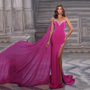 Fuchsia Mermaid Evening Dresses One Shoulder Rhinestones High Slit Celebrity Gown For Special Ocns Chiffon Wrap Vestidos De Novia 326 326