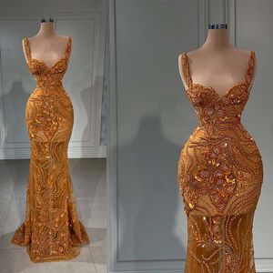 Saudi Arabic Beads Mermaid Evening Dress Sexy Spaghetti Strap Lace Appliques Prom Gowns Custom Made Special Occasion Dresses