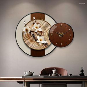 Wall Clocks Chinese-style Home Clock Living Room Decorative Painting Simple Creative Mute Round Mural Decoration