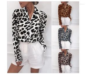 Dam T-shirts Chiffongblus Långärmad Sexig Leopardtryck Turn Down-krage Dam Kontorsskjorta Tunika Casual Lösa toppar Oversized Blusas