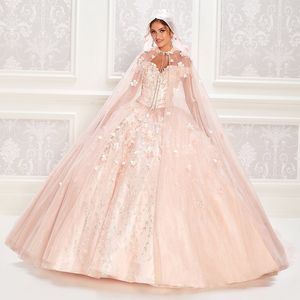 Różowe sukienki na studniowe sukienki z baldachkiem 3D Florals sukienki Księżniczka z rękawami z peleryny