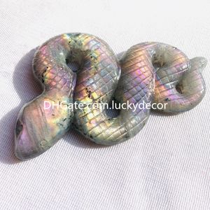 Mini Purple Pink Flash Labradorite Snake Carving Decor Natural Protective Fertility Transformation Rainbow Spectrolite Crystal Gemstone Spirit Animal Totem