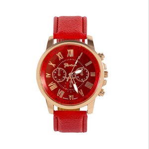 Three-subidials Red Watch Retro Geneva Student Watches Womens Quartz Trend Wristwatch With Leather Band272B