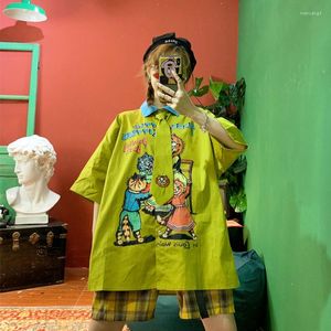 Women's Blouses Street Hip-hop Retro House Cute Cartoon Printed Loose Boyfriend BF Large Collar Shirt Shirts