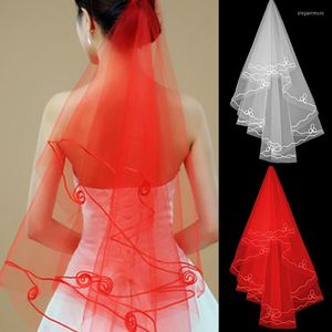 BRIDAL VEILS 1,5 m enkele laag Vrouwen korte puur mesh tule bruiloft Veil Wit Red Applique Patchwork Trim Gavy Solid Color 2022